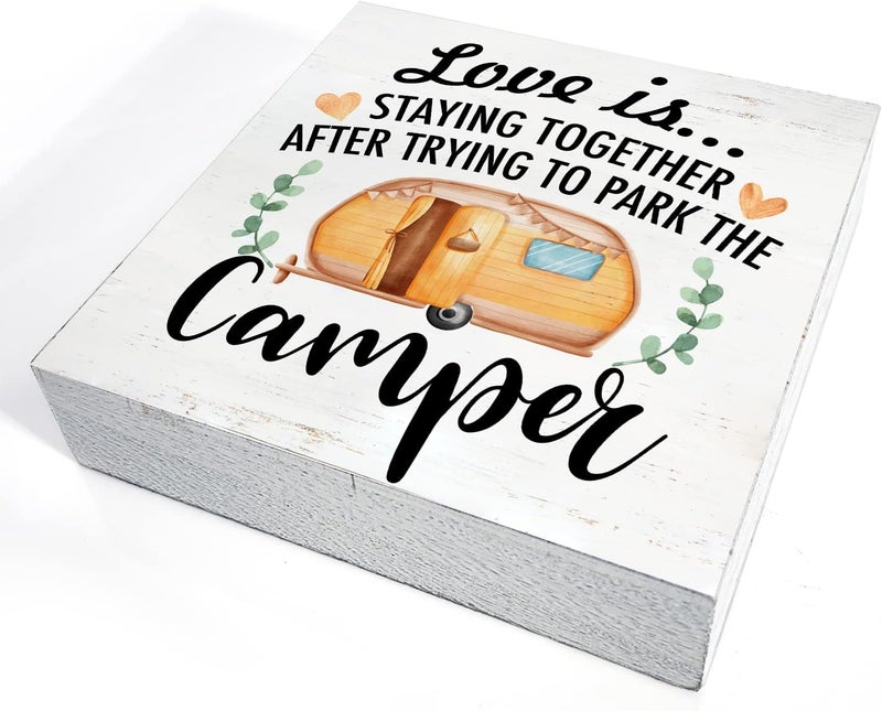 HDKY Funny Farmhouse Camping Wood Box Sign Home Decor Rustic RV Love is Staying Together Wooden Box Sign Block Plaque for Wall Tabletop Desk Decoration - Image 3